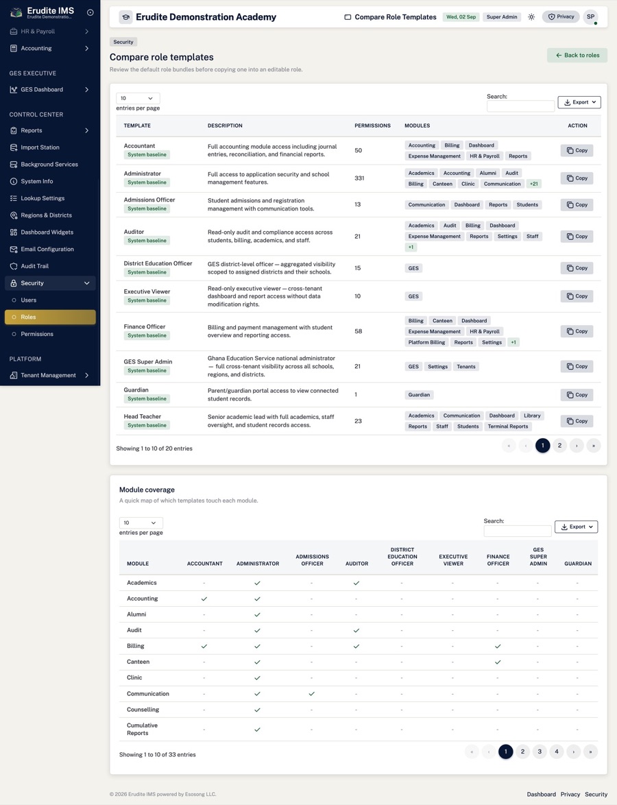 Compare roles — See precisely how two roles differ before you assign one