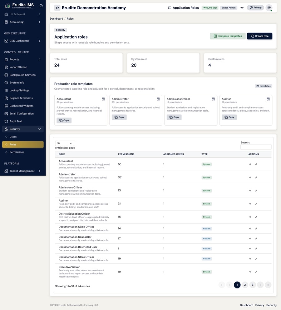 Roles — Role templates for bursar, matron, class teacher and more