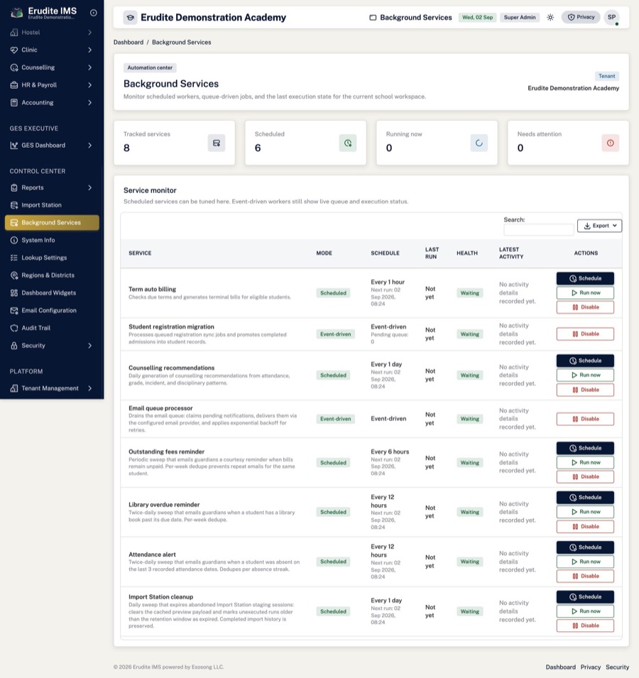 Background services — Enable, disable and trigger scheduled jobs, with an audit log