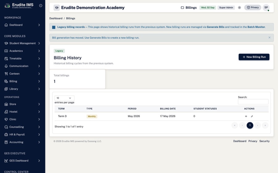 Student bills — Every bill raised, by class, term and status