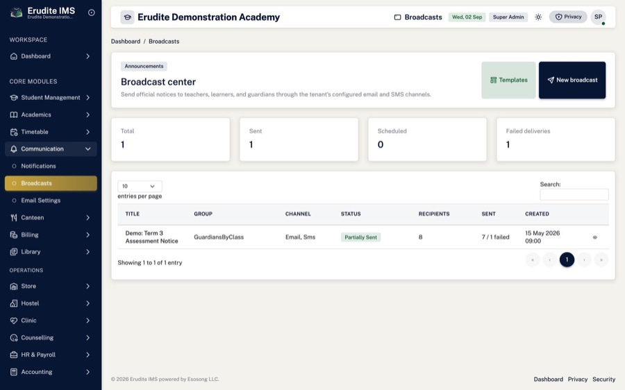Broadcasts — Send an SMS or email to a class, a year or the whole school
