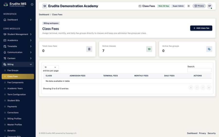 Class fees — What each class pays this term — the single source for billing