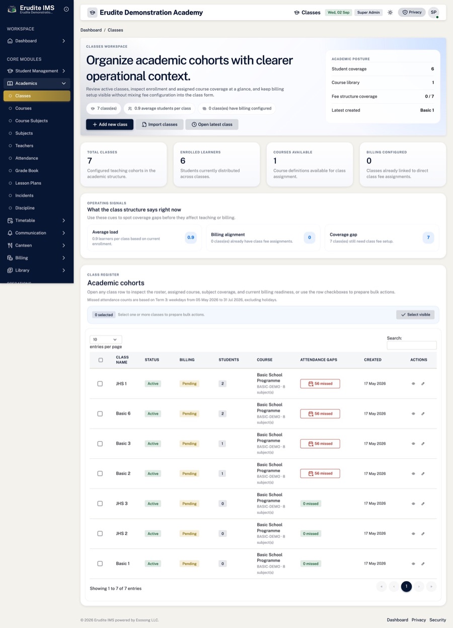 Classes & streams — Every class and stream with live enrolment counts