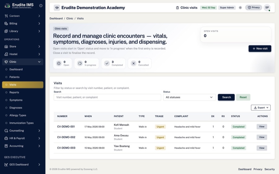 Clinic visits — Every visit logged with symptoms, diagnosis and treatment