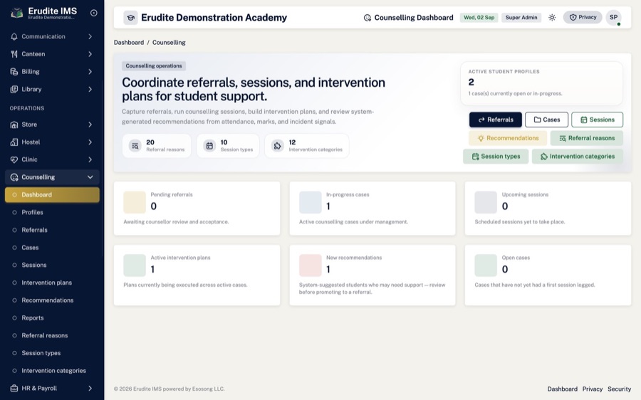 Counselling overview — Open cases, sessions due and referrals outstanding