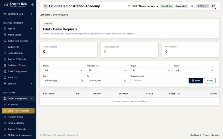 Demo requests — Requests reviewed and approved before anything is provisioned