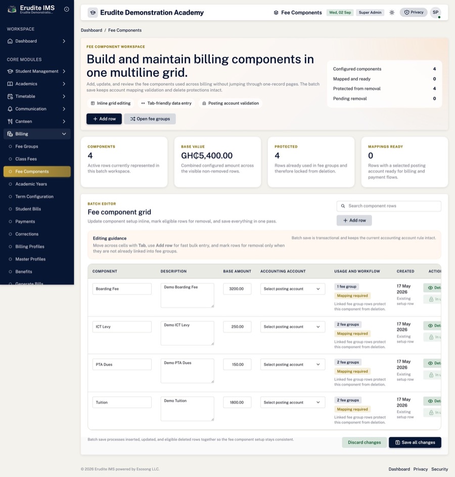 Fee components — Tuition, feeding, PTA, exams — each mapped to a revenue account