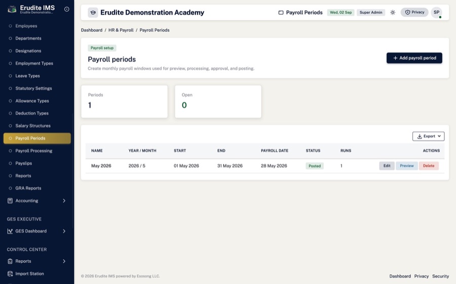 Payroll periods — Open, process, approve and close each month cleanly