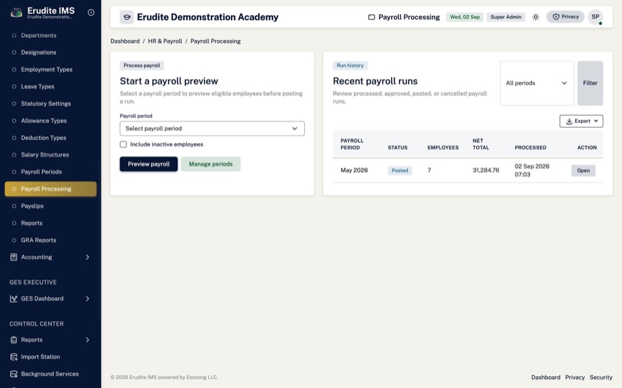 Payroll processing — Run payroll for the whole school in a single pass