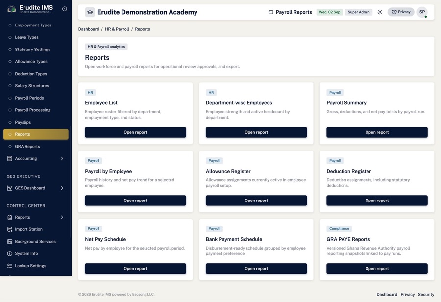 Payroll reports — Cost by department, period and account