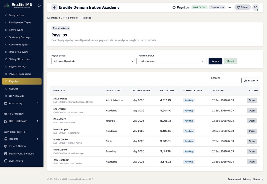 Payslips — Payslips generated per employee, per period