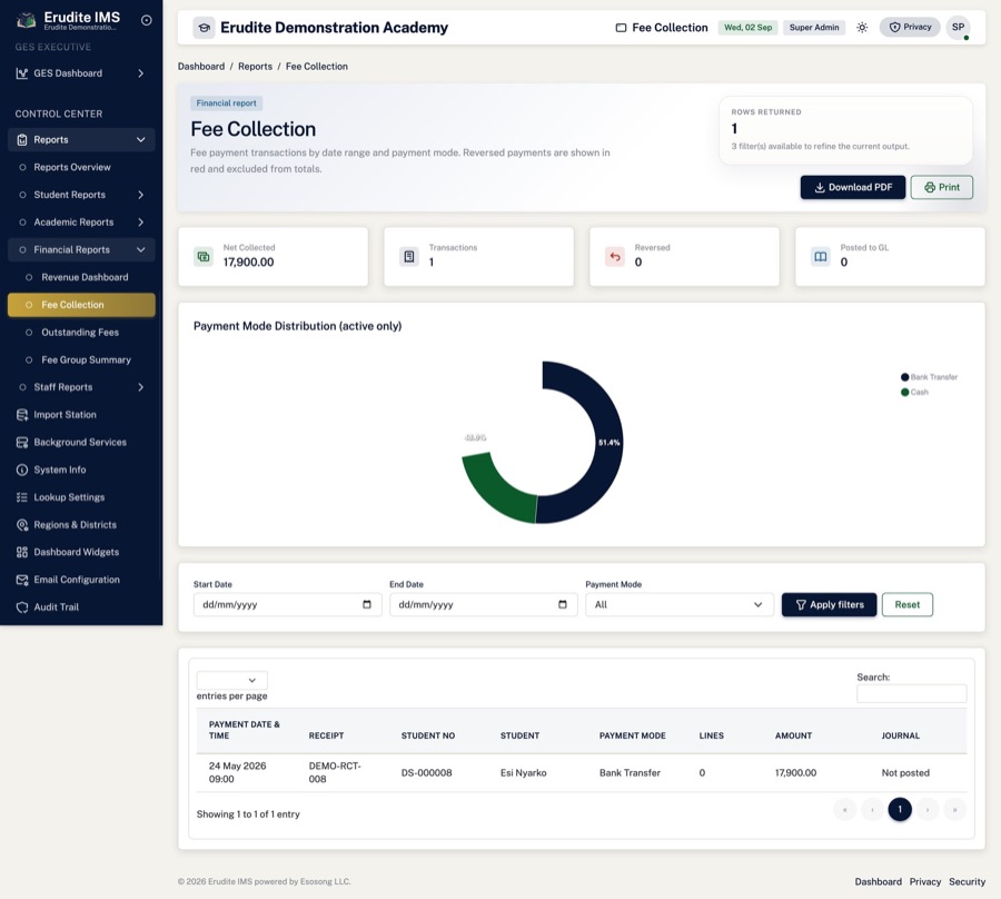 Fee collection — What was billed, what came in, and the collection rate