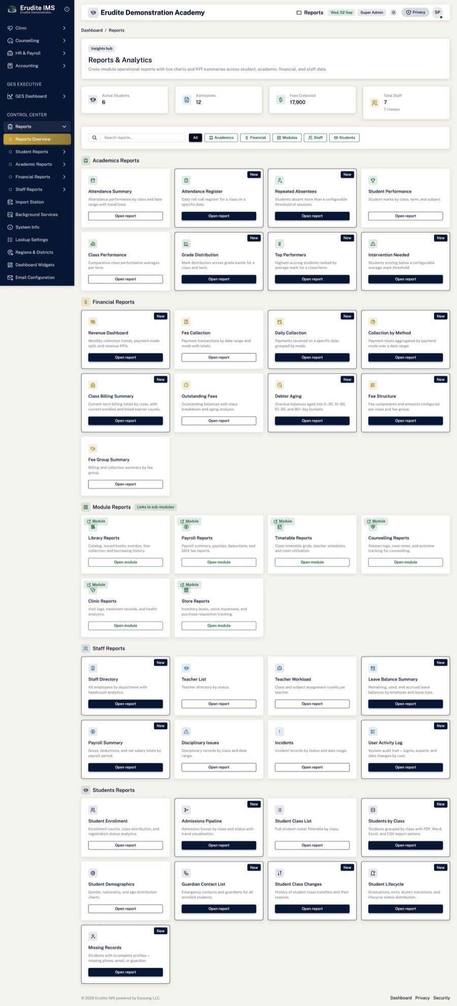 Reports library — Around forty reports, one place, all exportable
