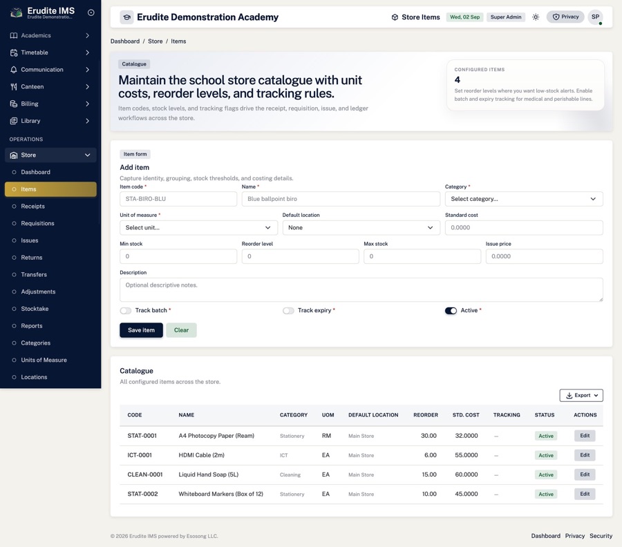 Store items — Every item, unit of measure, location and reorder level
