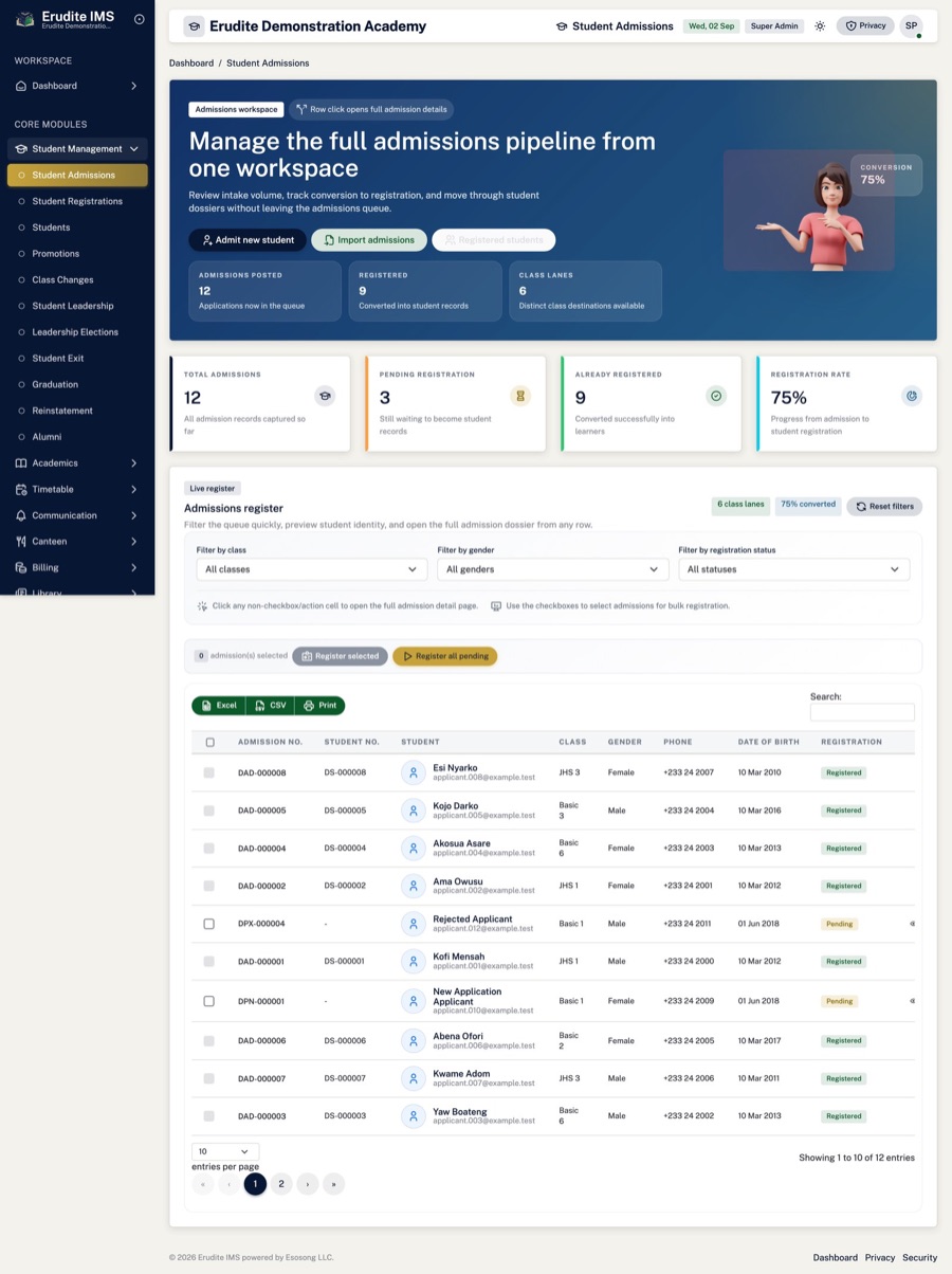 Admissions register — Every application in one register — searchable, filterable, exportable
