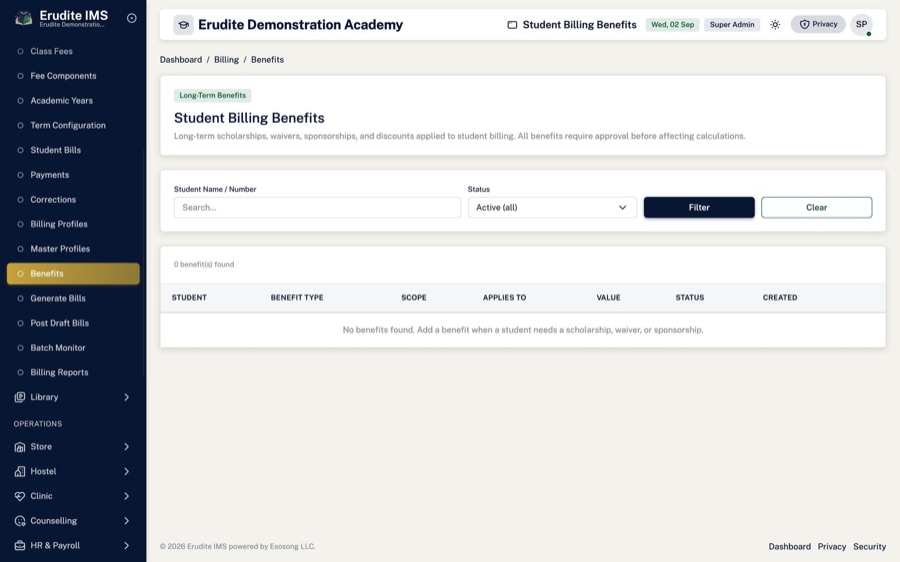 Scholarships & waivers — Benefits and discounts applied without manual maths