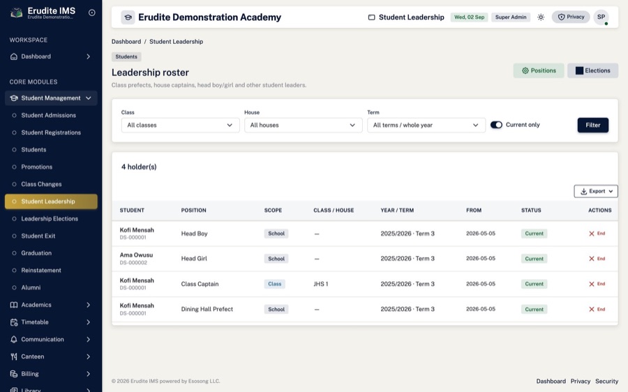 Student leadership — Prefect and head-girl rosters that print onto terminal reports