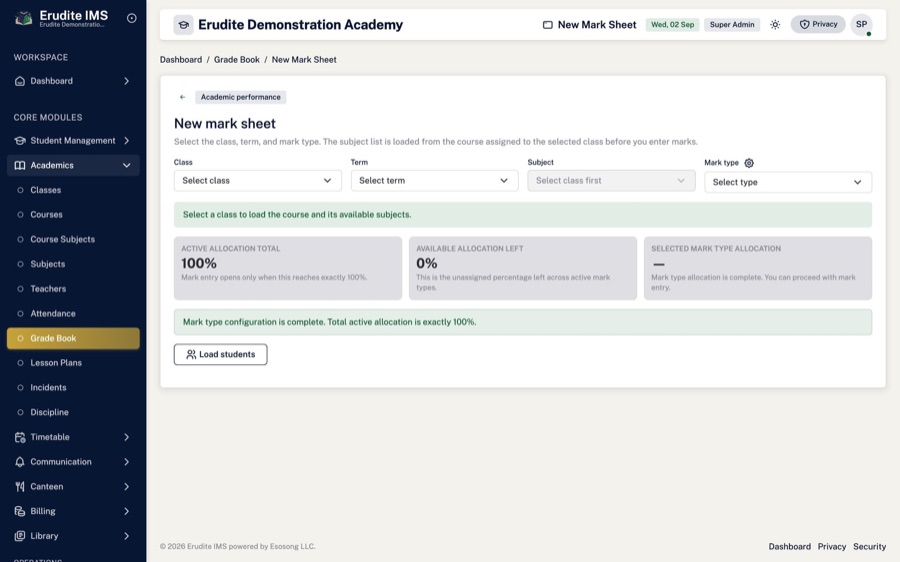 Marks entry — Enter a class set of marks on one screen and save once