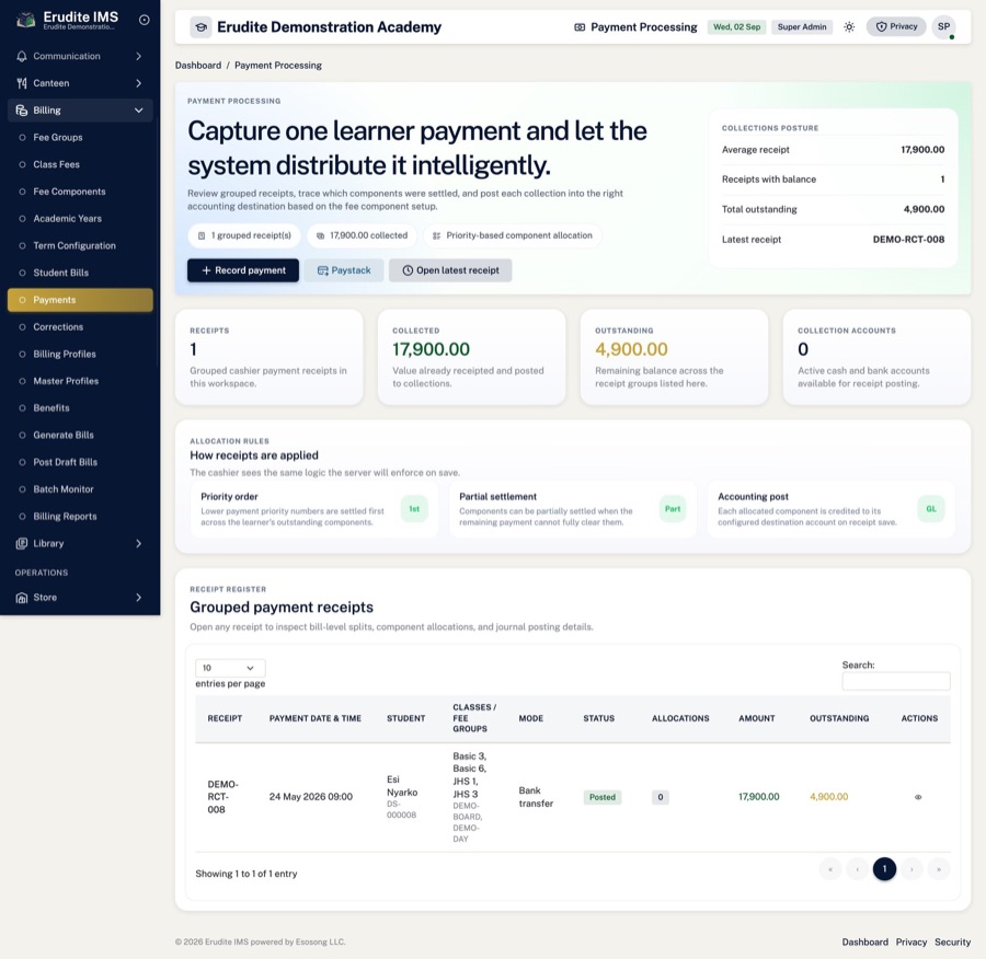 Payments & receipts — Record a payment and issue the receipt in one step