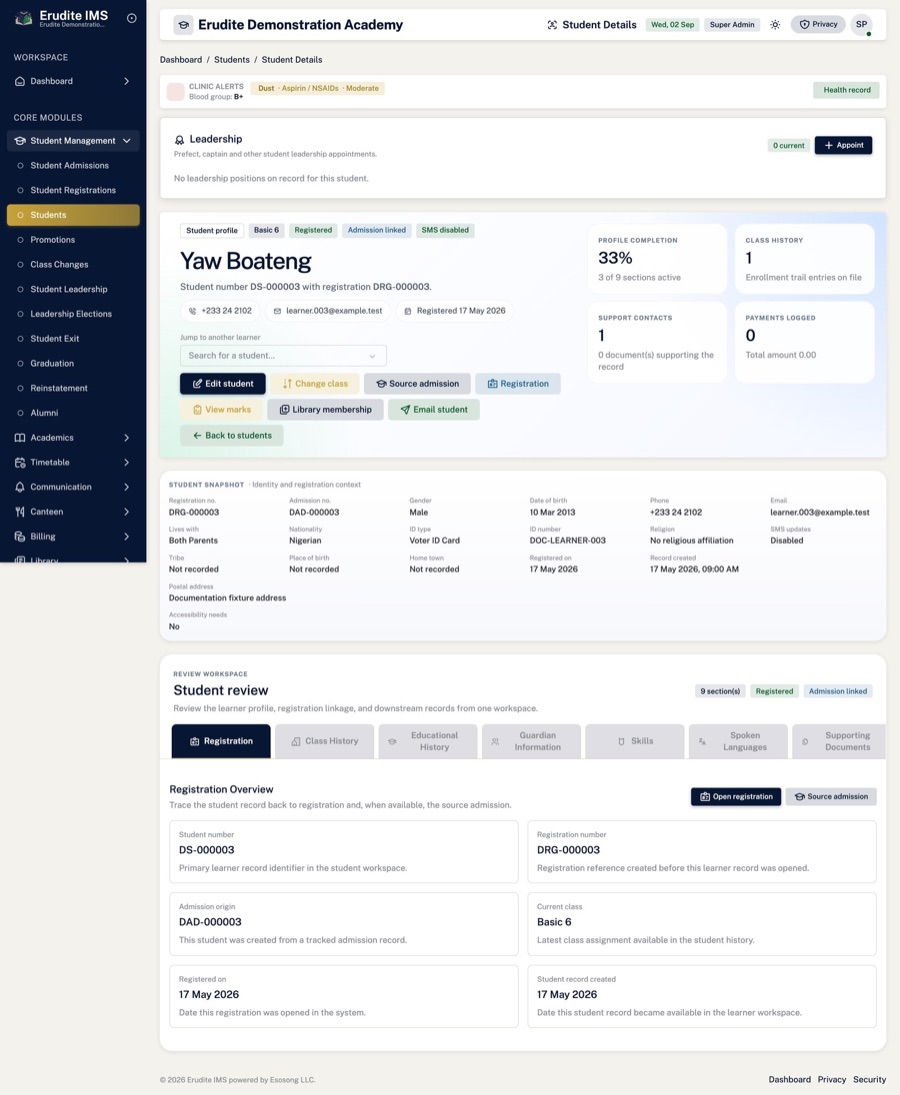 Student profile — Fees, marks, attendance, hostel and guardians on one profile