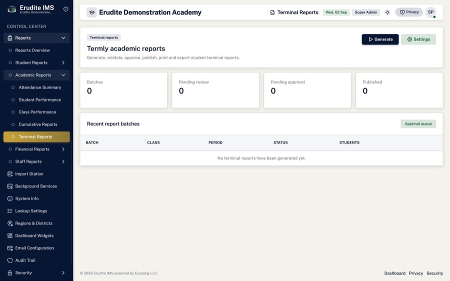Terminal reports — Report cards for the whole school, built from marks already entered