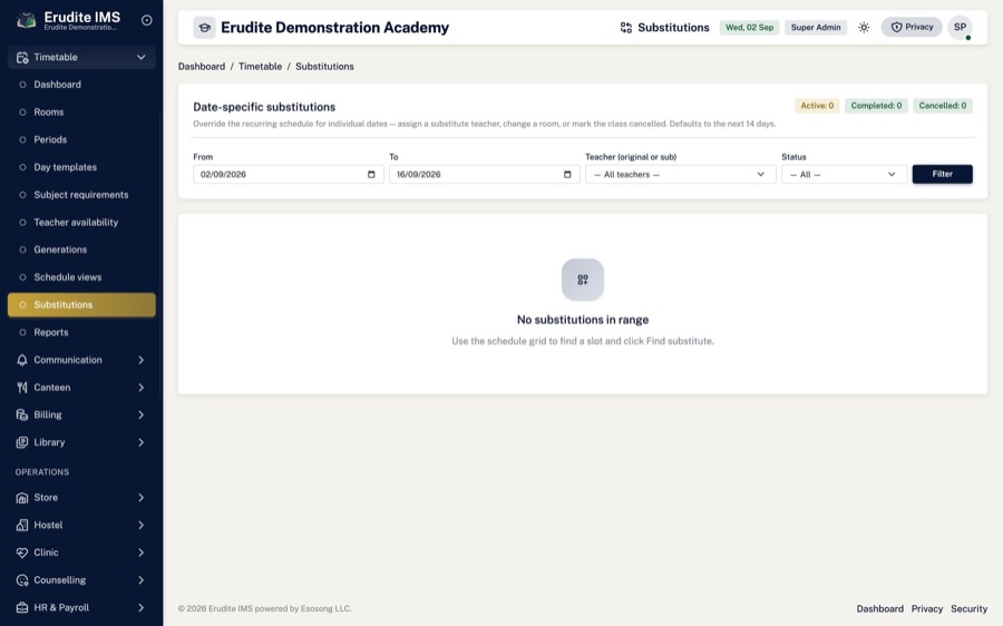 Substitutions — Cover an absent teacher without breaking the timetable