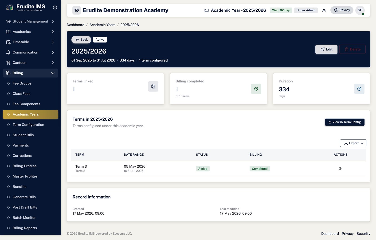 Academic Years record screen