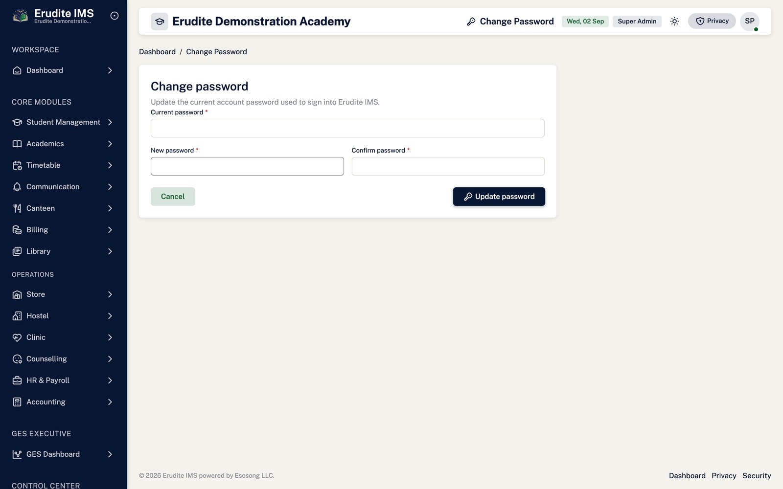 Account change password screen