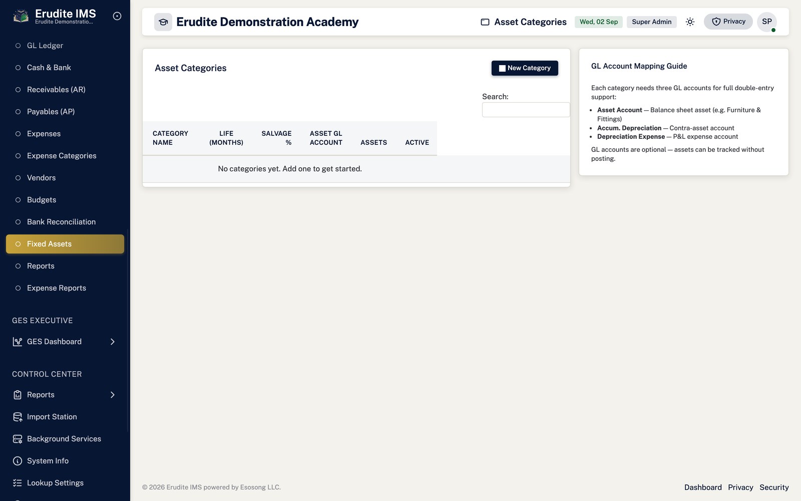 Accounting asset categories screen