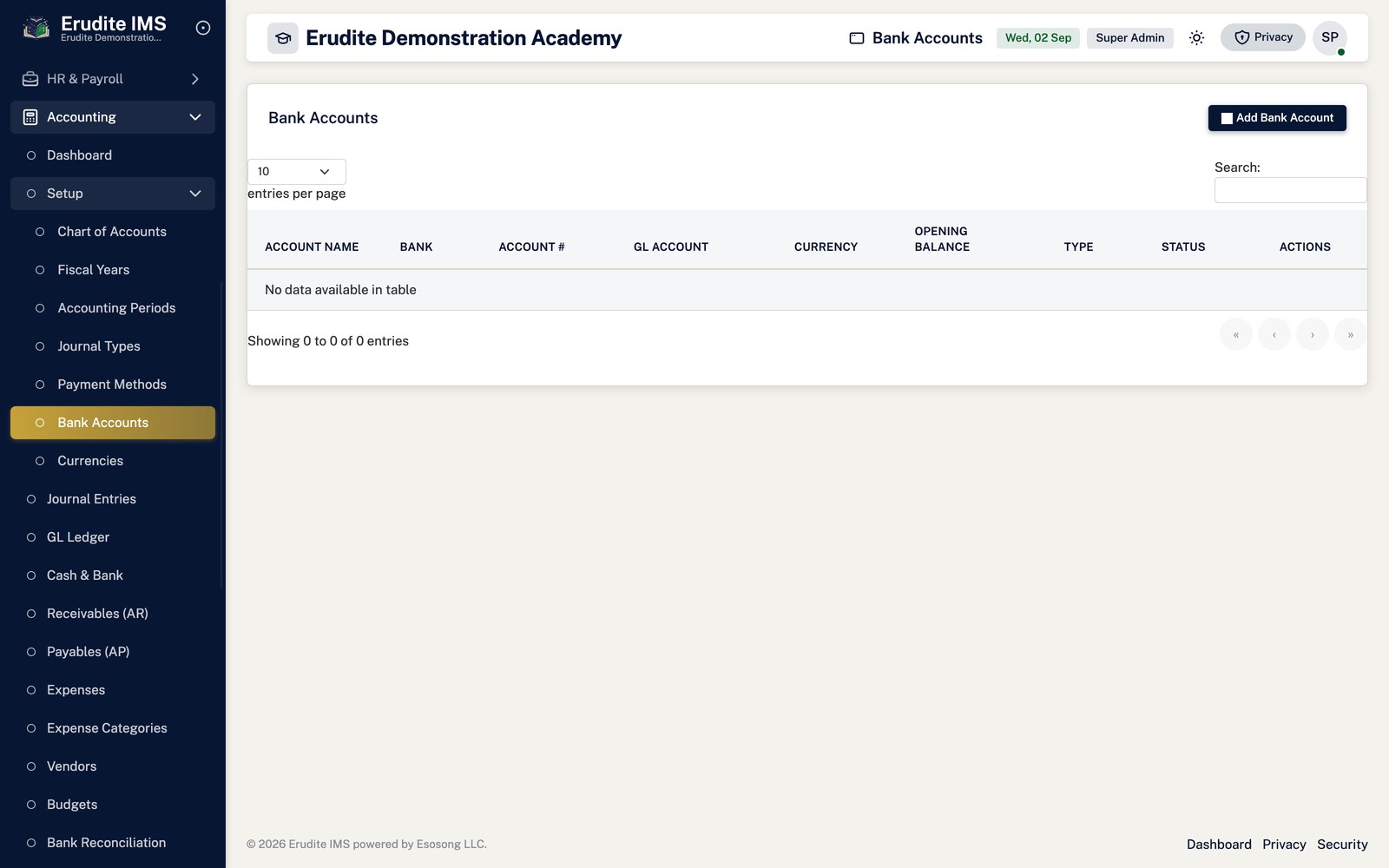 Accounting bank accounts screen