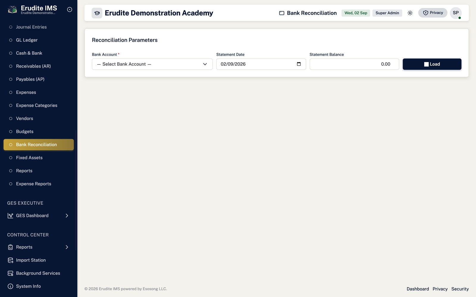 Accounting bank reconciliation screen