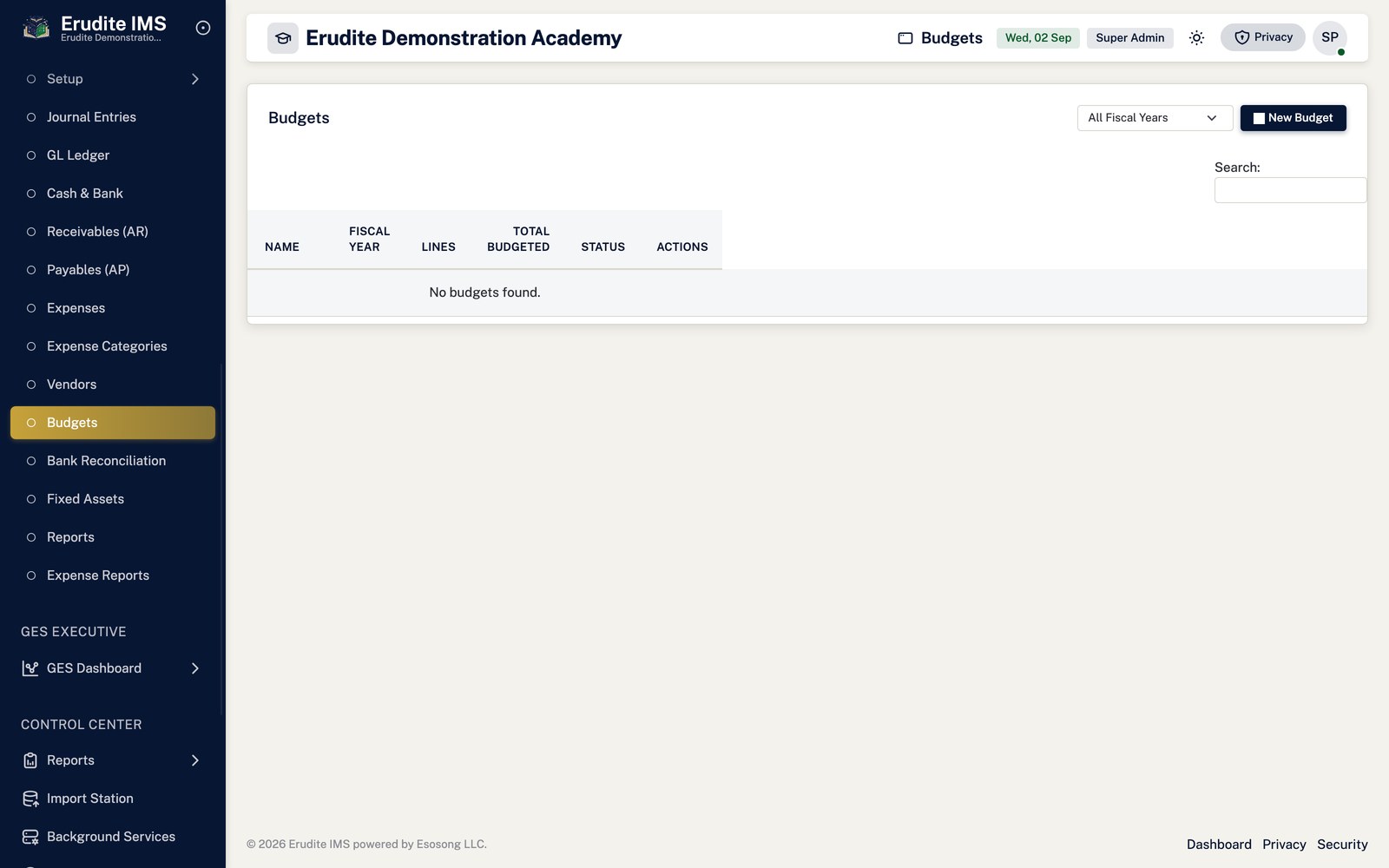 Accounting budgets screen