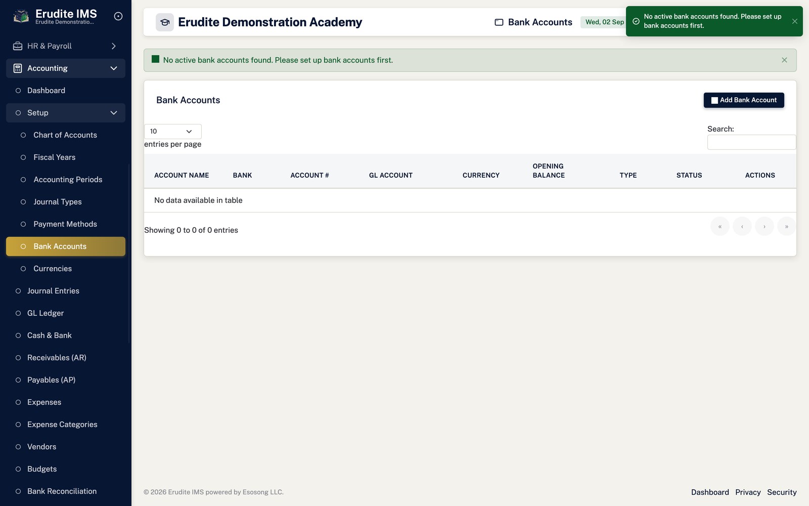 Accounting cash book screen