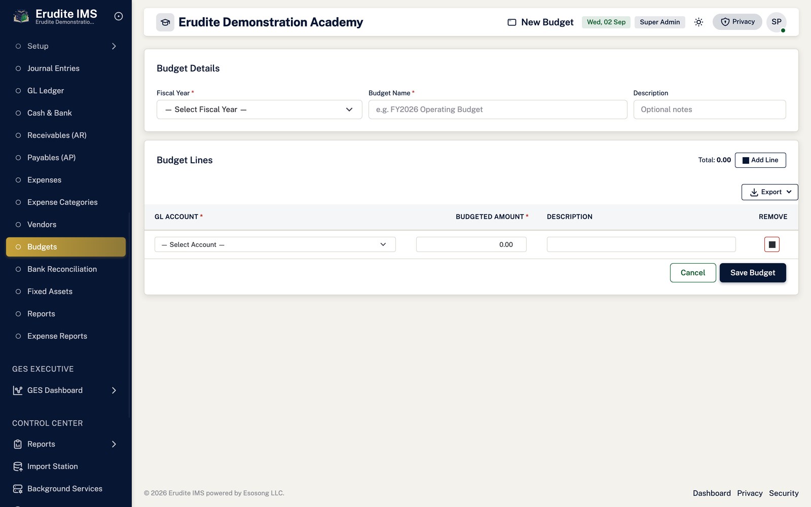 Accounting create budget screen