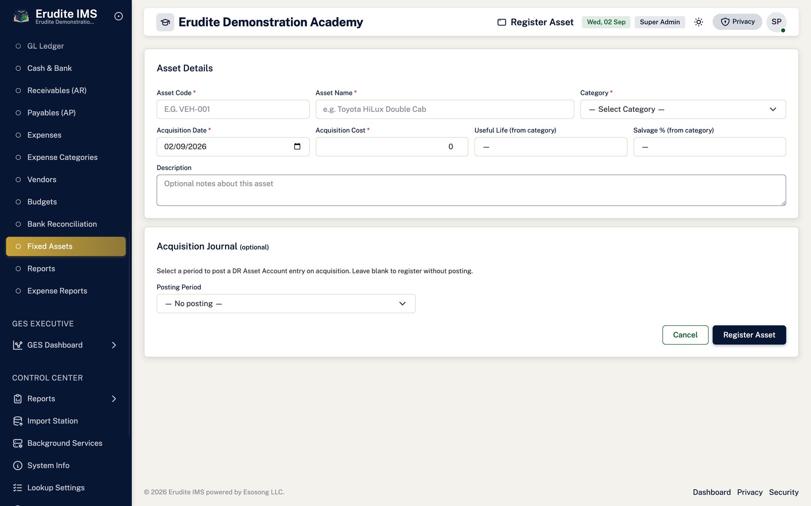 Accounting create fixed asset screen