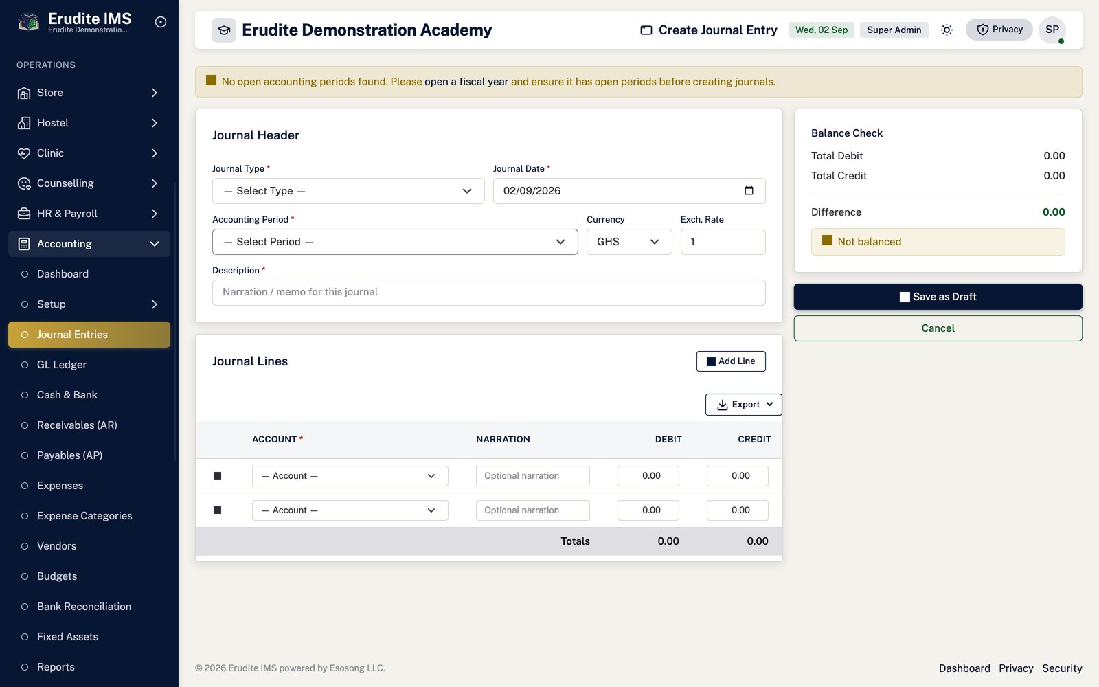 Accounting create journal screen