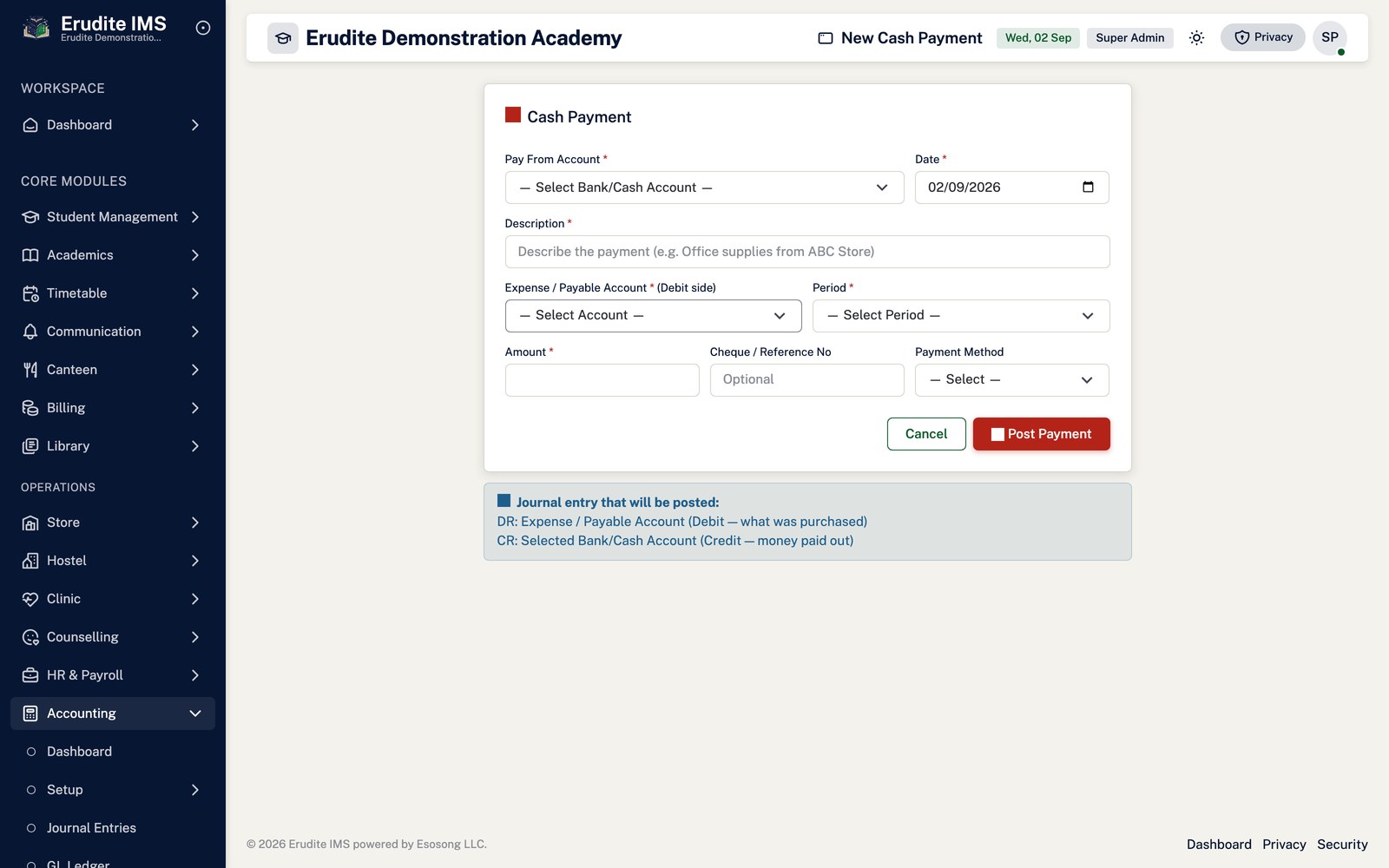 Accounting create payment screen