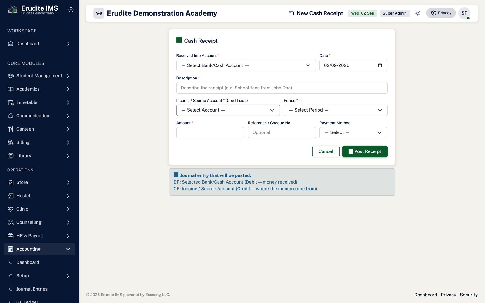 Accounting create receipt screen