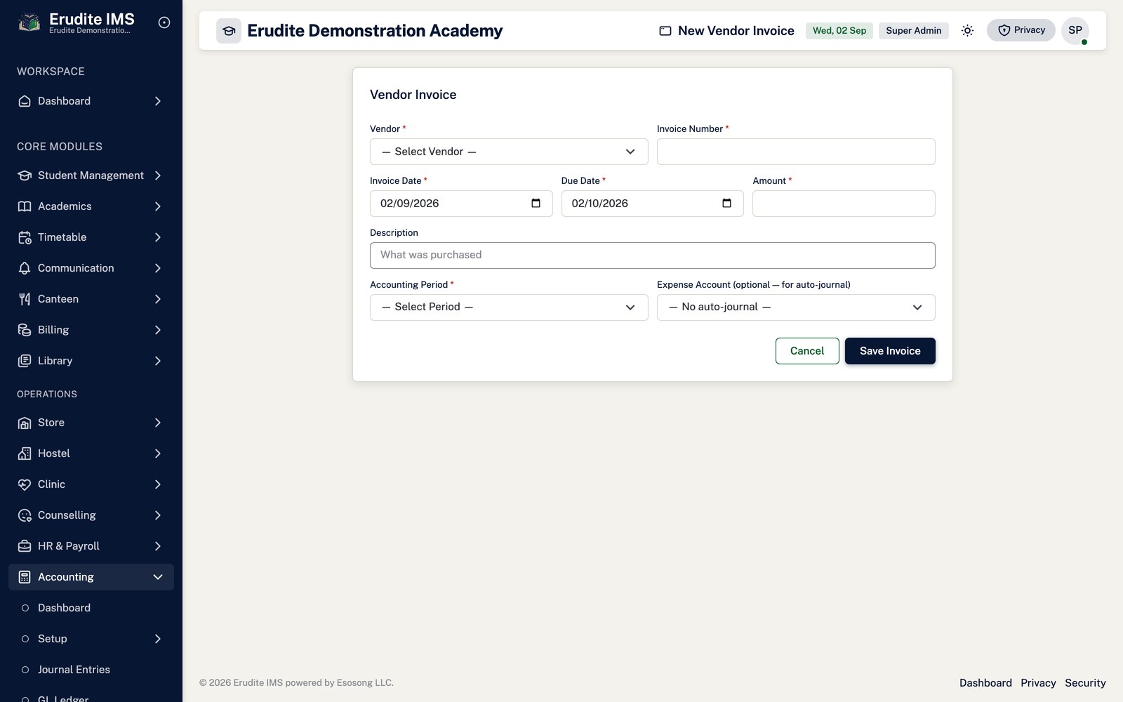 Accounting create vendor invoice screen
