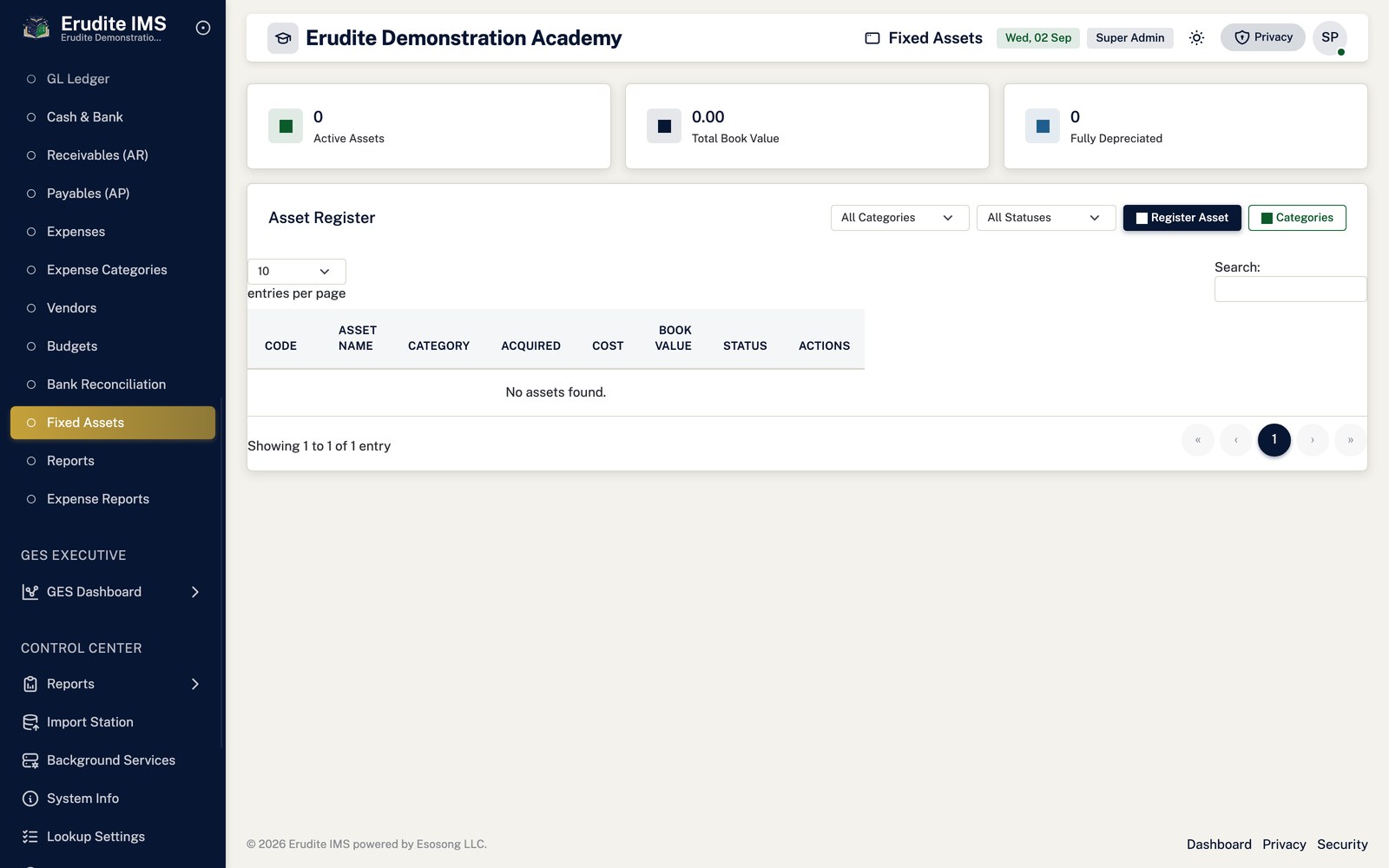 Accounting fixed assets screen