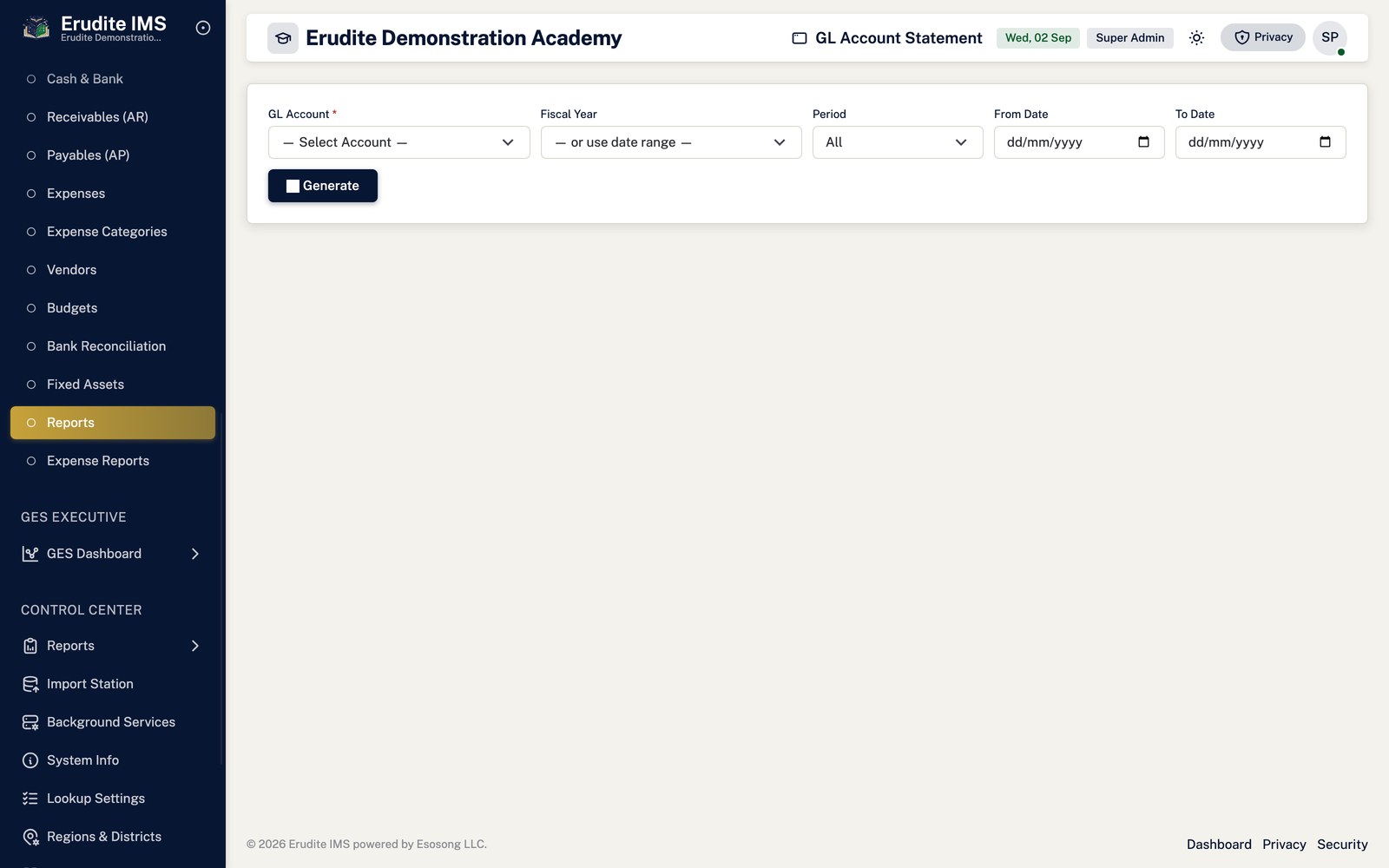 Accounting gl account statement screen