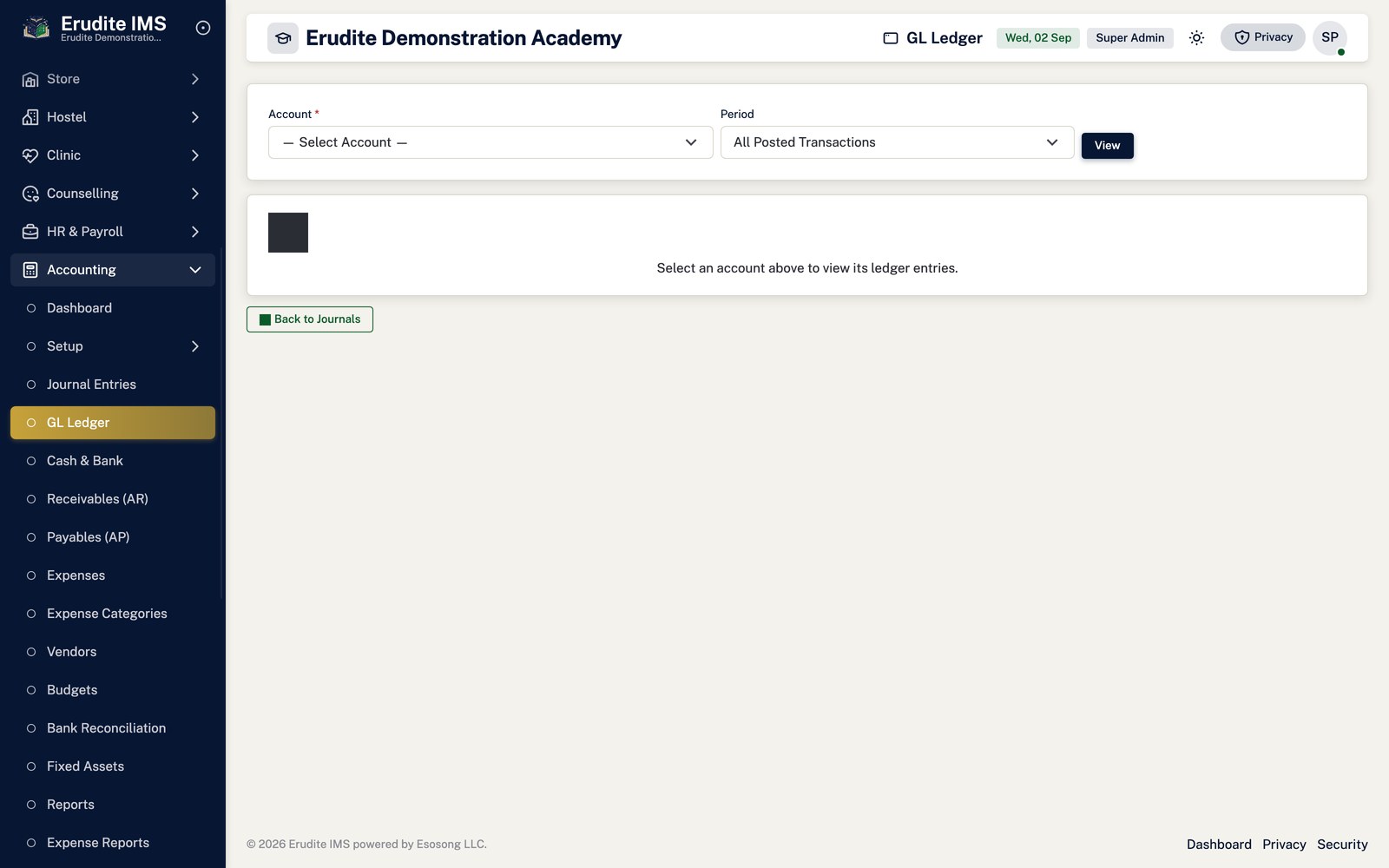 Accounting gl ledger screen