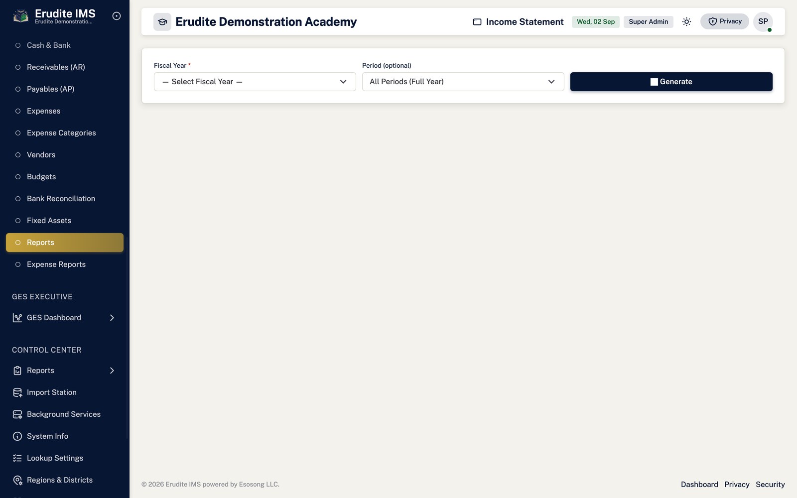 Accounting income statement screen