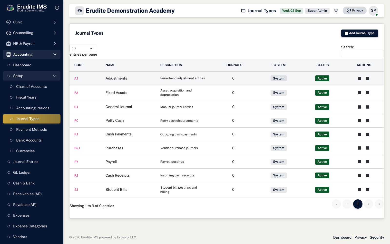 Accounting journal types screen