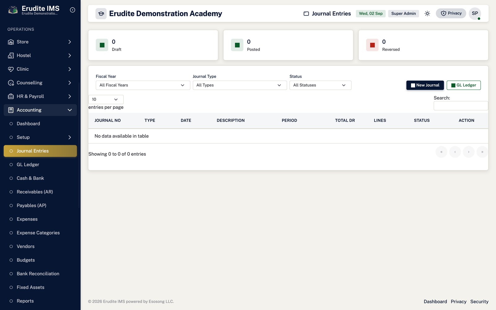 Accounting journals screen