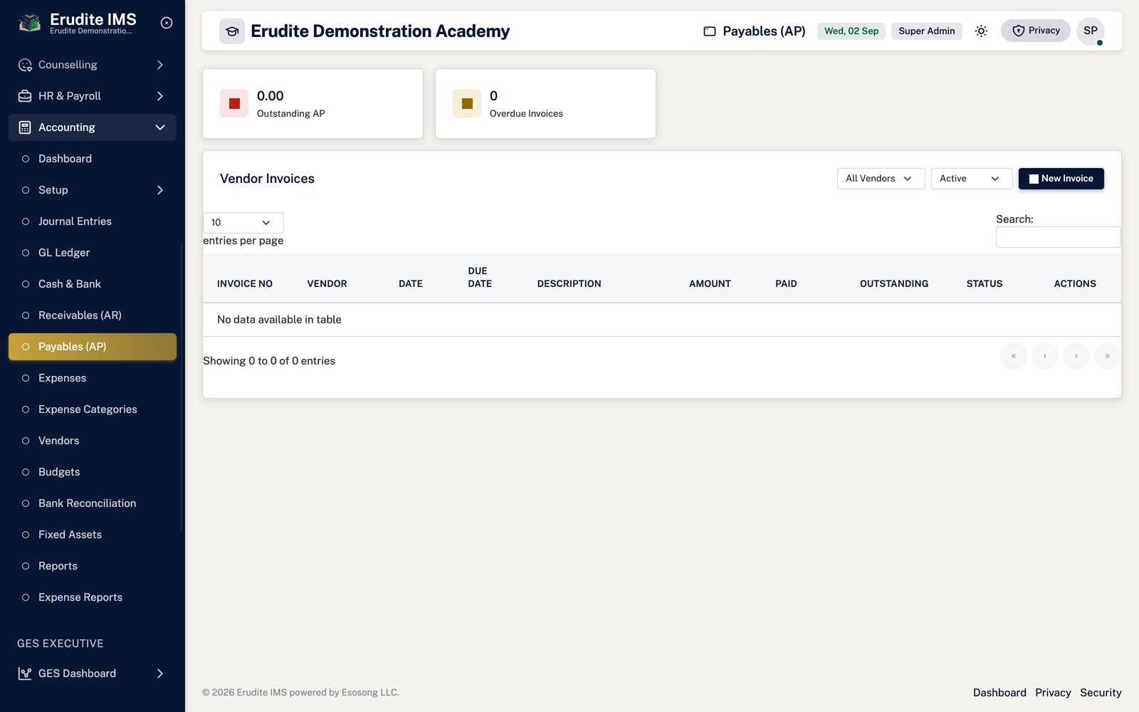 Accounting payables screen
