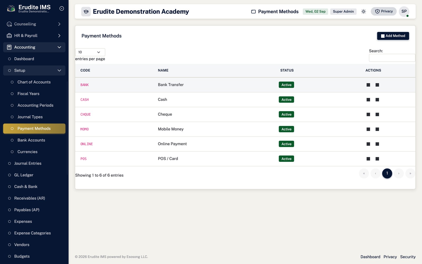 Accounting payment methods screen
