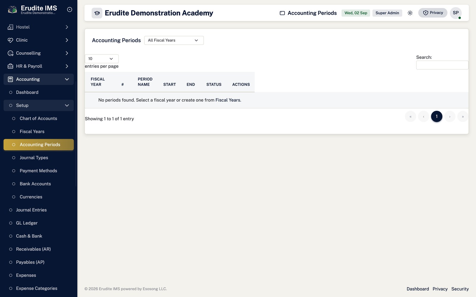 Accounting periods screen
