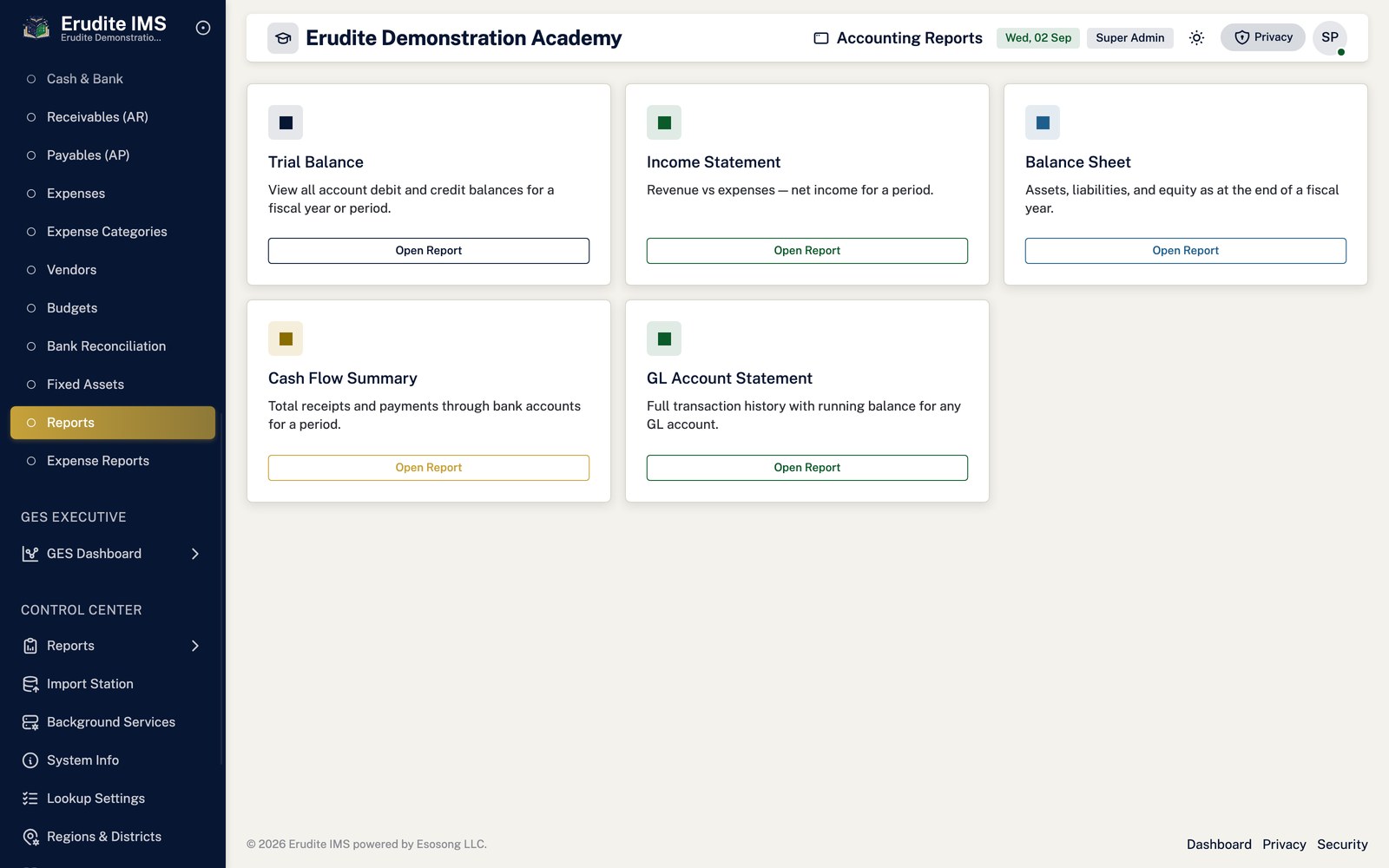 Accounting reports screen