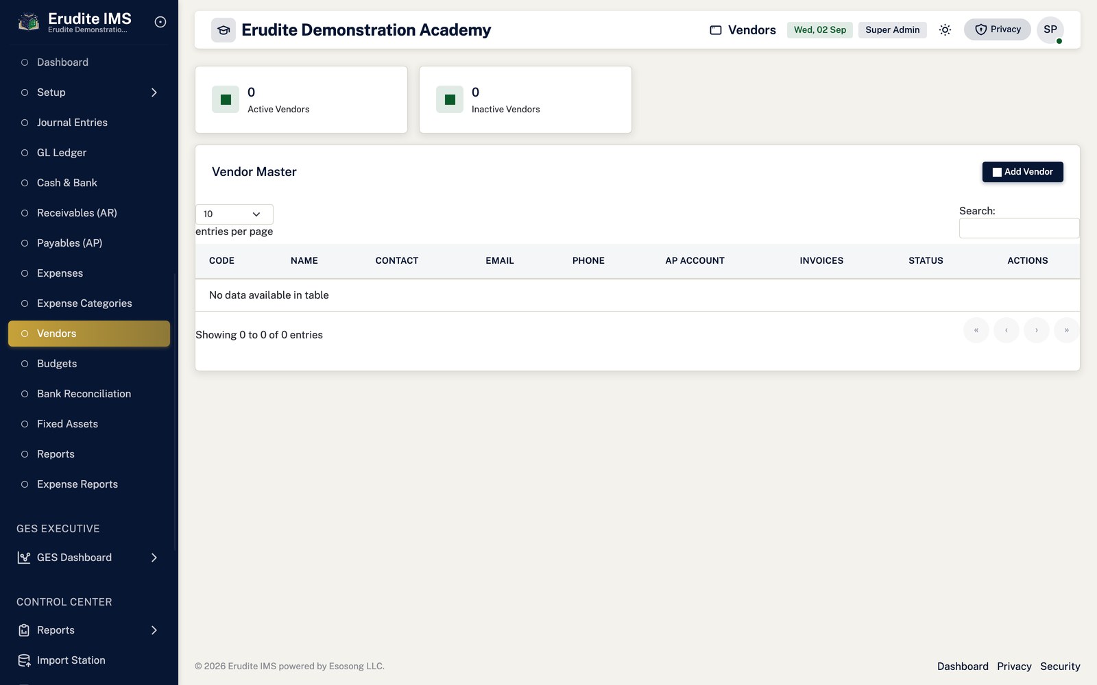 Accounting vendors screen